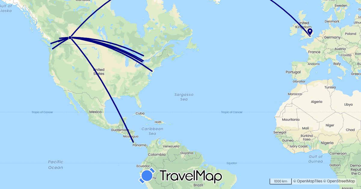 TravelMap itinerary: driving in Canada, Costa Rica, United Kingdom, United States (Europe, North America)